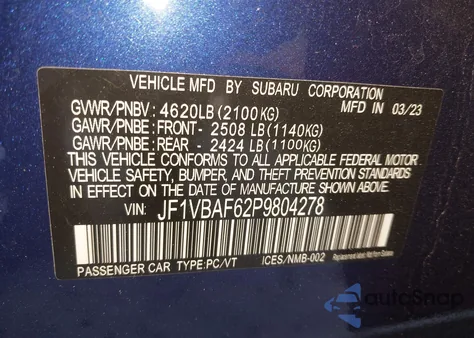 2023 Subaru Wrx Premium z USA, uszkodzony, nr VIN JF1VBAF62P9804278